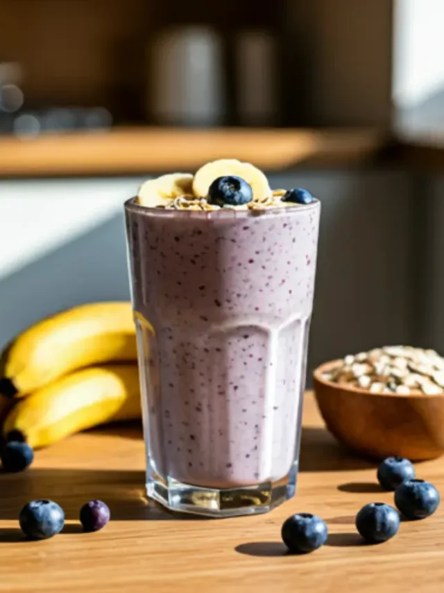 A hearty smoothie in a glass, with a vibrant purple-blue hue, garnished with fresh blueberries, banana slices, and a sprinkle of oats for added texture. Blueberry Banana Oatmeal Power Smoothie