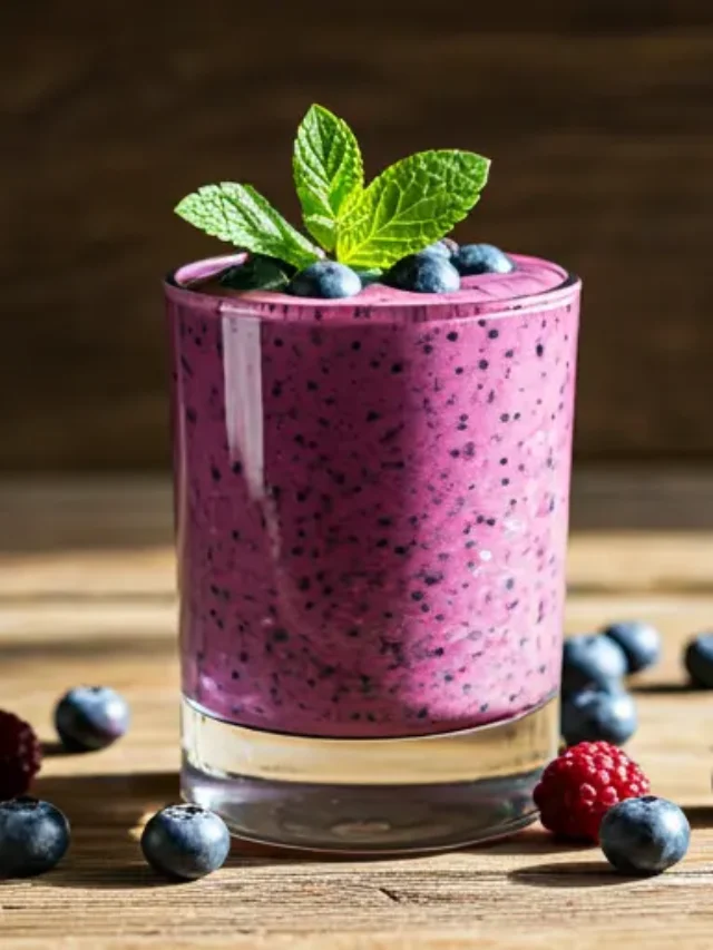 Blueberry Bliss Smoothie A rich purple smoothie in a glass, topped with fresh blueberries and a sprinkle of chia seeds, exuding creamy and fruity freshness.
