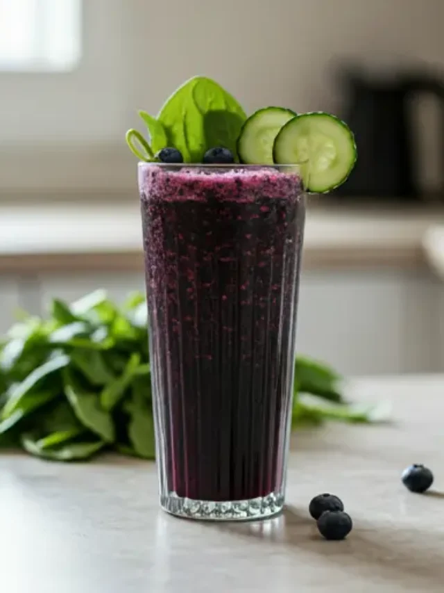 A vibrant glass of Blueberry Garden Elixir, featuring a deep purple hue, garnished with fresh blueberries and a sprig of thyme.