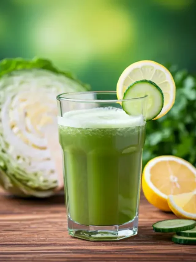 Cabbage Elixir of Wellness : A pale purple juice in a glass, garnished with a cabbage leaf and a lemon slice, showcasing a blend of freshness and earthy tones.