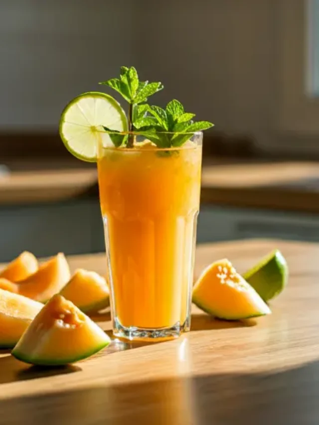 Cantaloupe Citrus Symphony : A pale orange juice in a glass, garnished with a slice of cantaloupe and an orange wedge, radiating fruity sweetness and citrusy freshness.