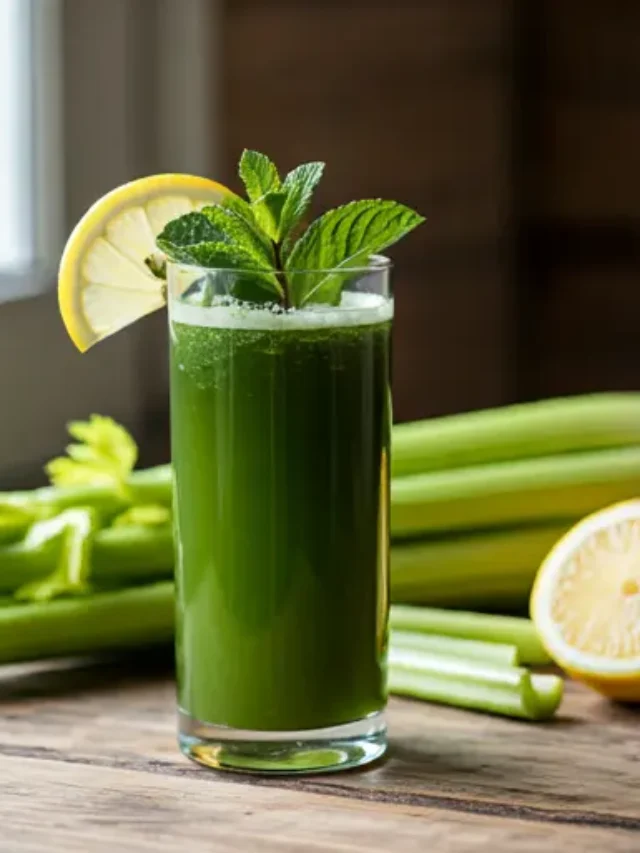 A chilled glass of Celery Refreshment Delight, with a light green hue, garnished with a celery stalk and a sprinkle of parsley.