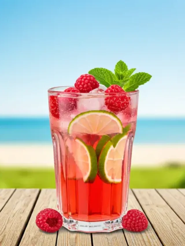 Citrus Berry Zest Elixir : A vibrant red-orange juice in a glass, garnished with fresh berries and a twist of orange peel, radiating fruity and citrusy freshness.