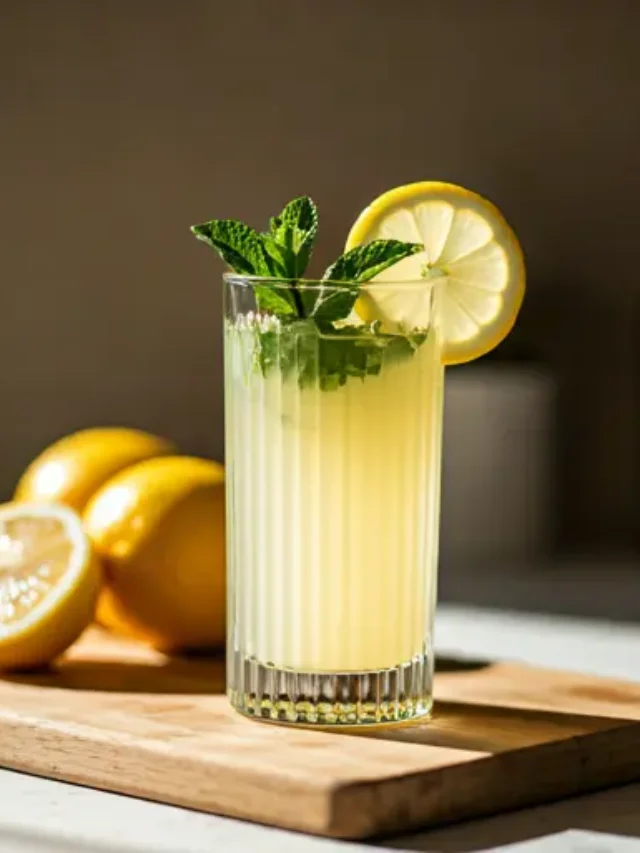Citrus Breeze Elixir : A light orange juice in a glass, garnished with a lemon wedge and a sprig of mint, exuding refreshing and airy citrus notes.