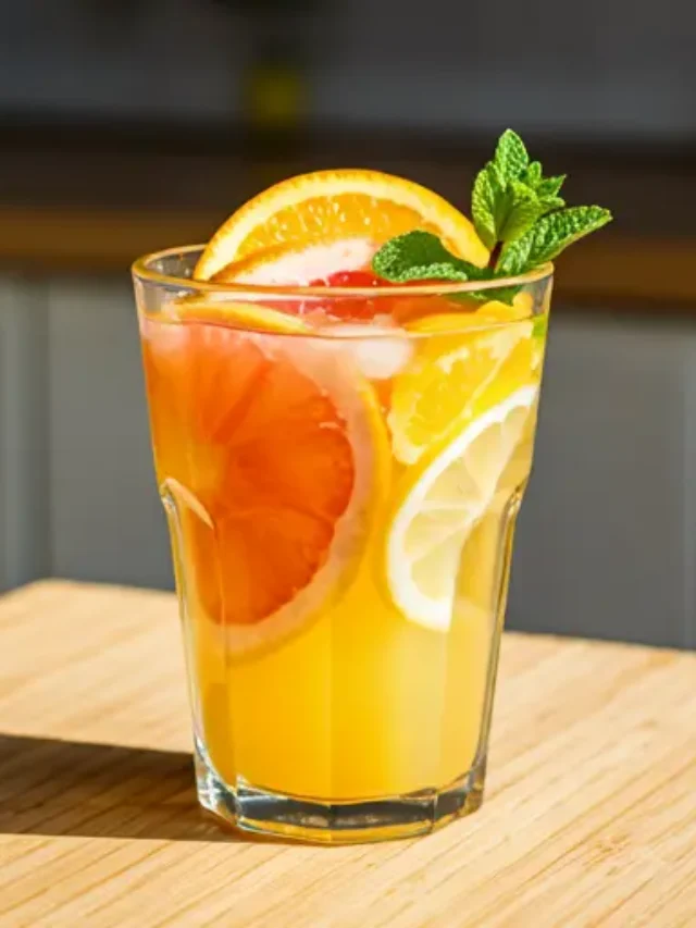 A refreshing glass of Citrus Burst Revitalizer featuring a vibrant orange and yellow gradient garnished with a slice of lemon and a sprig of mint