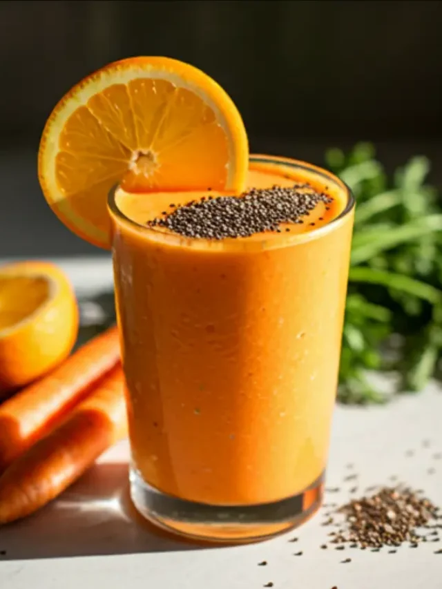 A vibrant orange smoothie in a glass, garnished with a slice of orange and a sprig of fresh mint, glowing with sunny morning energy. Citrus Carrot Sunrise Smoothie