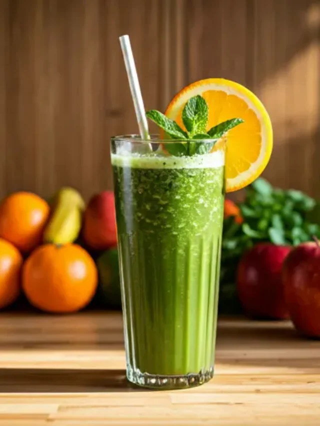 Citrus Garden Refresh : A vibrant yellow-orange juice in a glass, garnished with a sprig of fresh thyme and a slice of orange, exuding a refreshing and herbal citrus aroma.