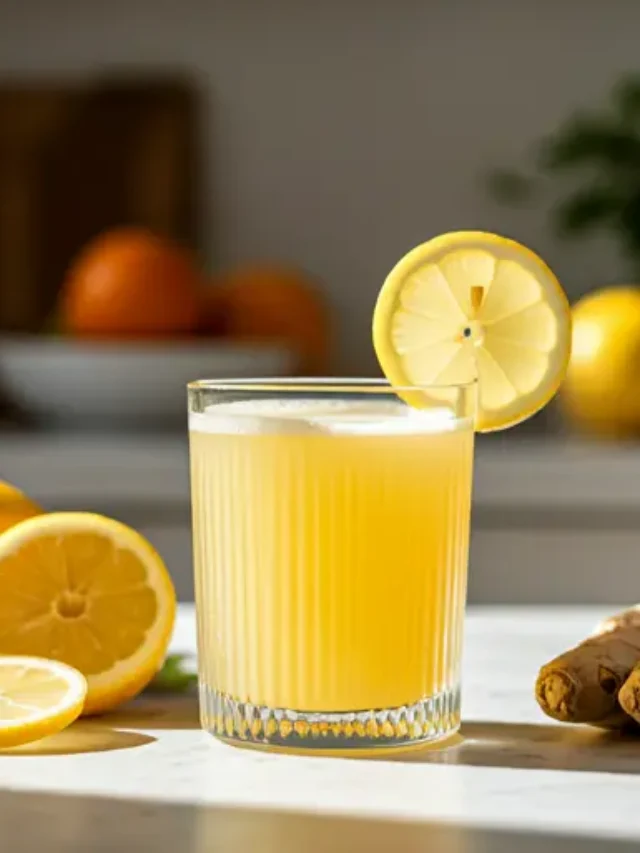 Citrus Ginger Vitality Elixir : A golden-orange juice in a glass, garnished with a slice of orange and a small ginger piece, radiating refreshing zest and warmth.
