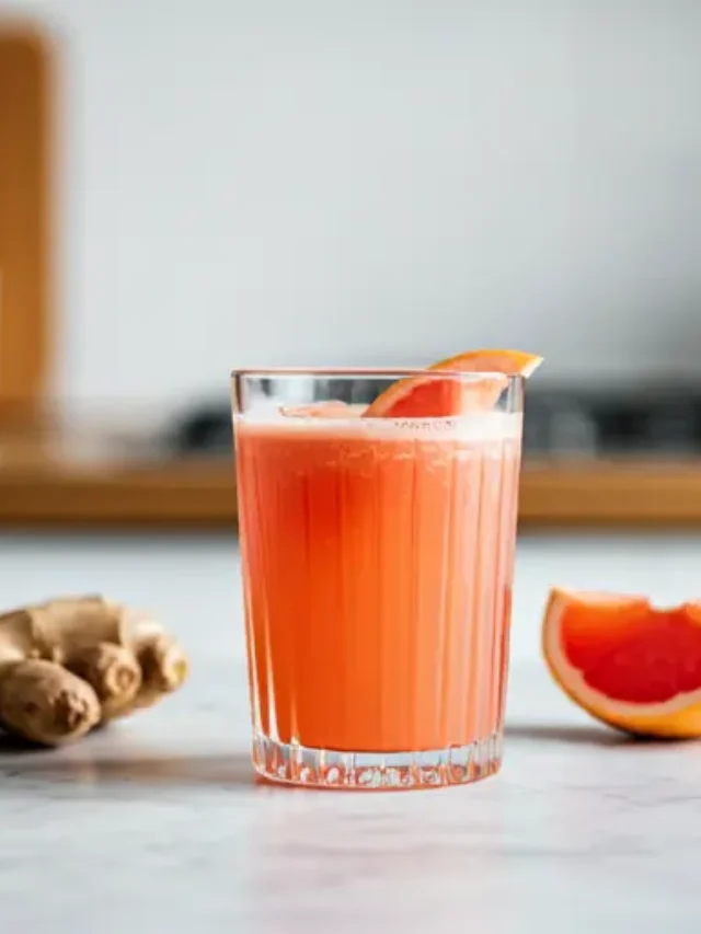 Citrus Sunshine Reviver A bright yellow-orange juice in a glass, garnished with a lemon wheel and a sprig of mint, exuding vibrant and uplifting citrus energy.
