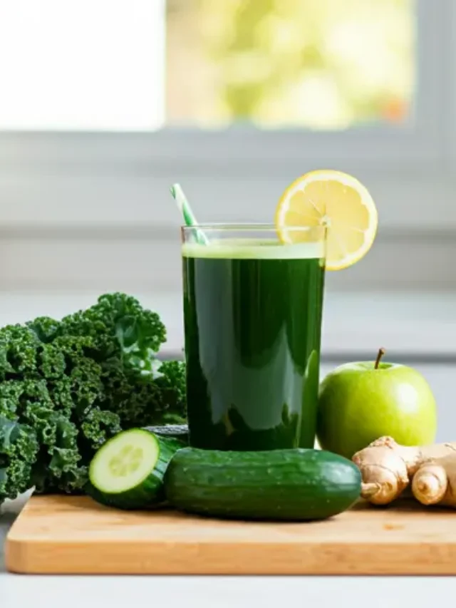 Cleansing Green Elixir : A vibrant green juice in a glass, garnished with a sprig of parsley and a cucumber slice, radiating freshness and detoxifying energy.
