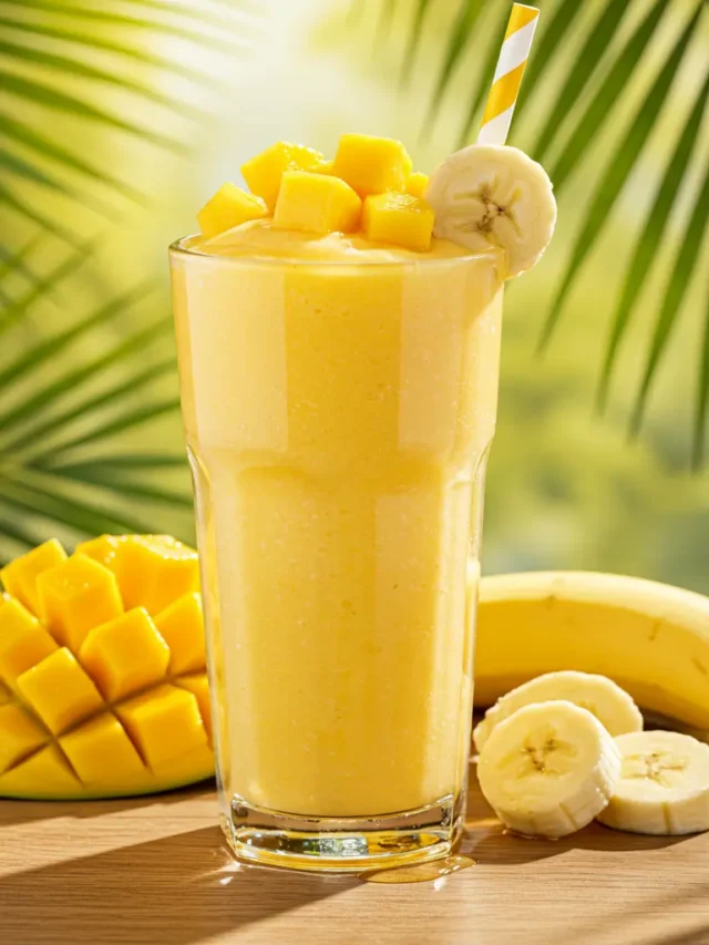 Fresh ingredients for Creamy Mango Dream Smoothie, including mango, banana, Greek yogurt, and coconut milk, displayed on a rustic wooden surface.