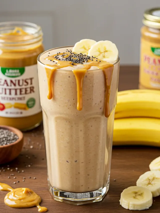 A rich and creamy glass of Creamy Peanut Power Smoothie, topped with banana slices, a peanut drizzle, and a sprinkle of oats.