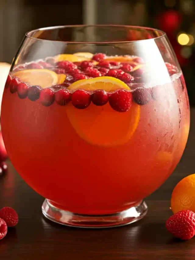 Crimson Celebration Punch : A deep crimson punch in a bowl, garnished with floating citrus slices and berries, radiating festive and vibrant energy.