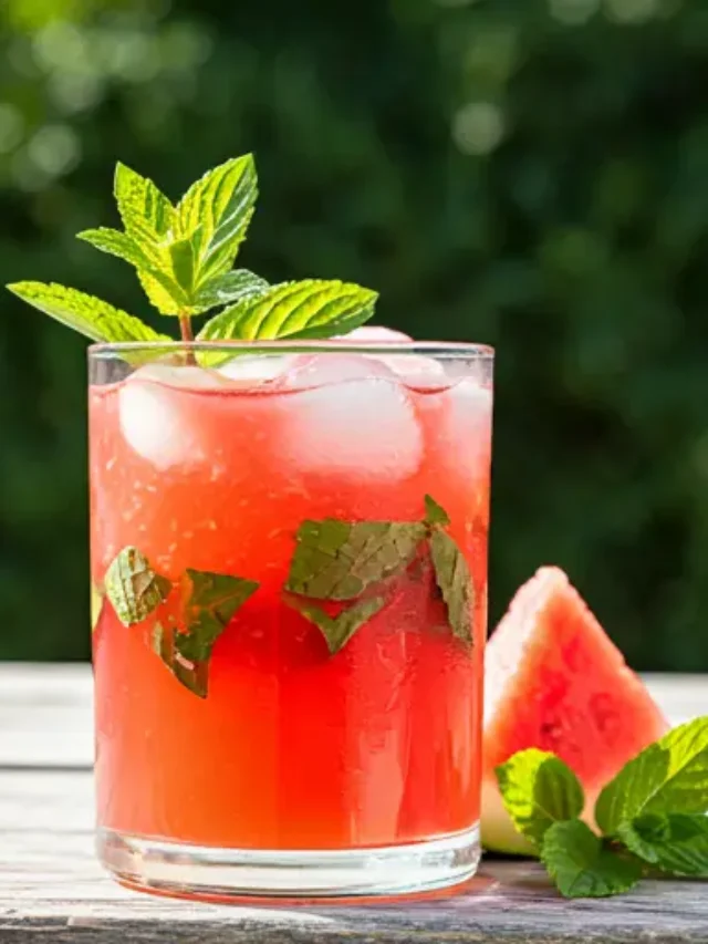 Crisp Melon Mint Elixir : A refreshing green melon and mint drink in a glass, garnished with melon cubes and a sprig of mint, exuding a cooling and revitalizing vibe.