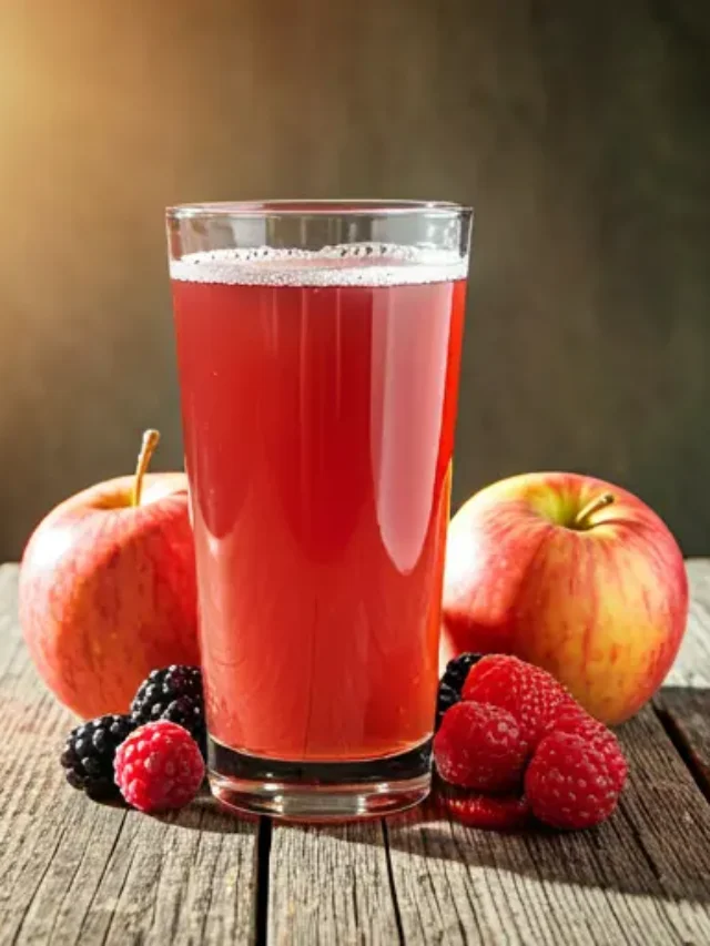 Crisp Orchard Elixir A light amber-hued elixir in a glass, garnished with a slice of apple and a sprig of fresh thyme, capturing the essence of a fresh orchard.