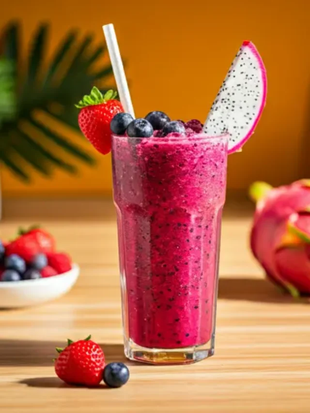 Dragons Elixir of Vitality : A bold crimson juice in a glass, garnished with dragon fruit slices and a mint sprig, radiating exotic vitality and allure.