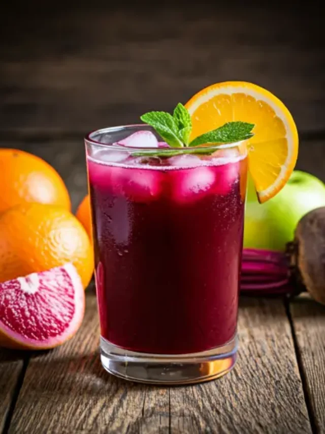 Earthy Beet Bliss : A rich red-purple juice in a glass, garnished with a beet slice and a sprig of parsley, exuding an earthy and vibrant appeal.
