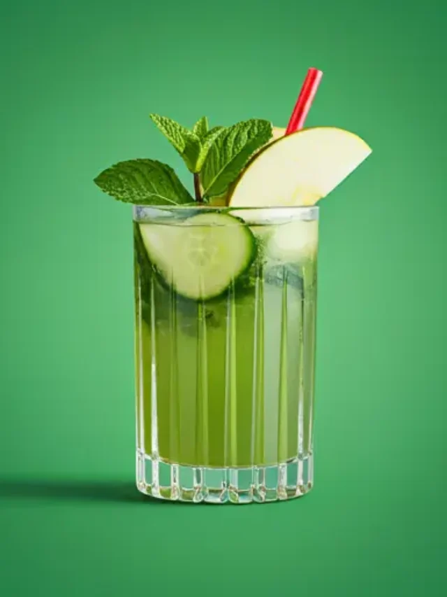 Emerald Elixir with Pomegranate Essence : A vibrant green juice with a splash of red pomegranate essence in a glass, garnished with pomegranate seeds and a mint sprig, showcasing a bold and refreshing drink.