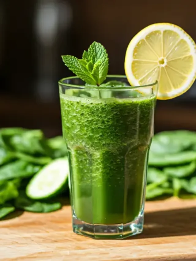 Emerald Essence Elixir : A vibrant green juice in a glass, garnished with a slice of lime and a sprig of mint, exuding freshness and vitality.