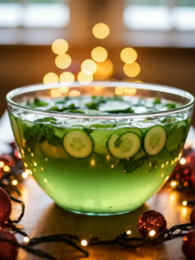 Enchanting Green Holiday Fizz : A sparkling green drink in a glass, garnished with a sprig of rosemary and cranberries, exuding festive charm and freshness.