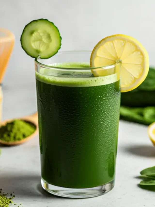 Refreshing Sweet Green Lemongrass Elixir : A vibrant green matcha juice in a glass, garnished with a lime slice and a sprinkle of matcha powder, radiating freshness and vitality. Energizing Matcha Green Juice .
