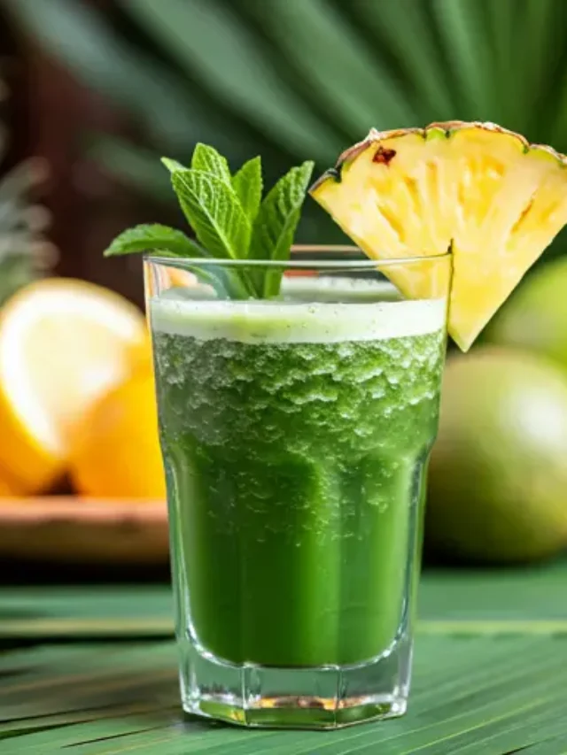 A bright green tropical juice in a glass, garnished with a pineapple slice and a sprig of fresh mint, exuding a vibrant and exotic appeal. Exotic Green Paradise Juice .