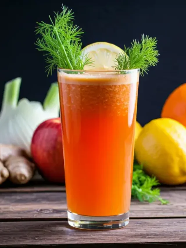 A refreshing glass of Fennel Citrus Bliss, showcasing a pale golden hue, garnished with a fennel frond and a slice of orange.