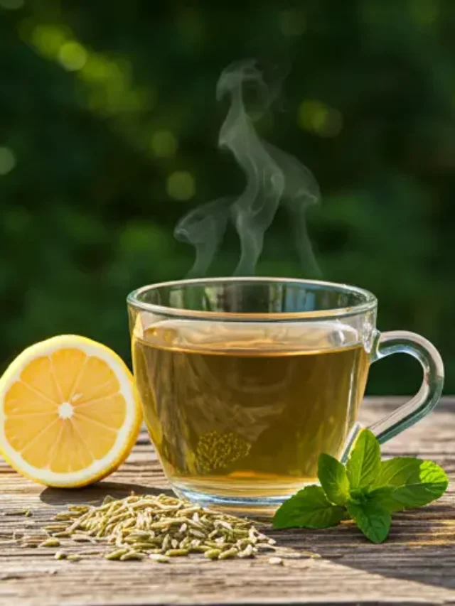 A refreshing glass of Fennel Infusion for Spring Wellness, featuring a pale green hue, garnished with a fennel frond and a slice of lemon.