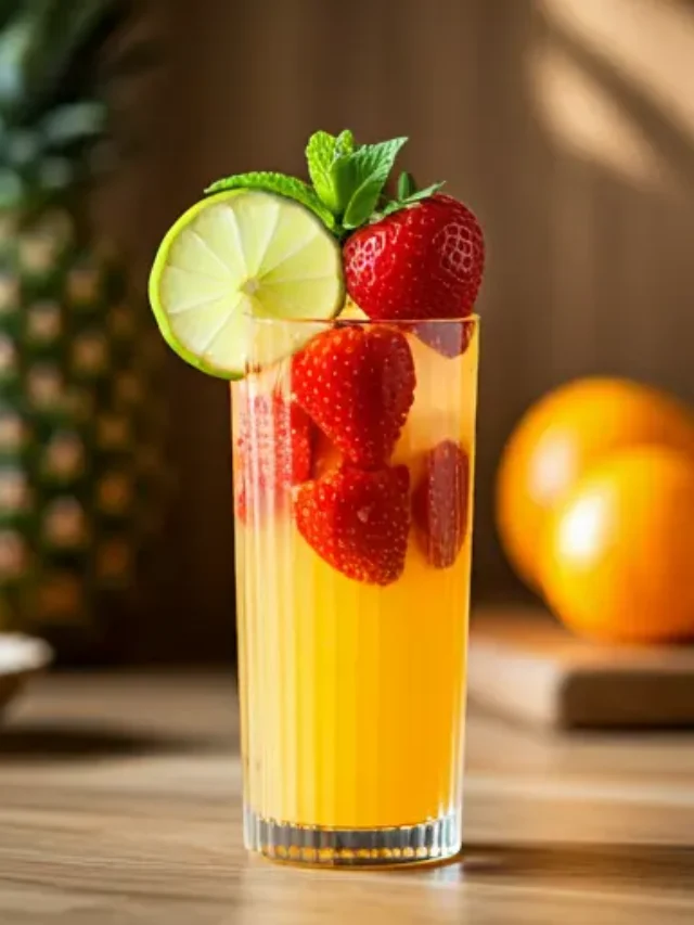Fiesta in a Glass Mexican-Style Citrus Jugo : A vibrant citrus juice in a glass, garnished with an orange slice and a chili rim, exuding a zesty and festive Mexican flair.