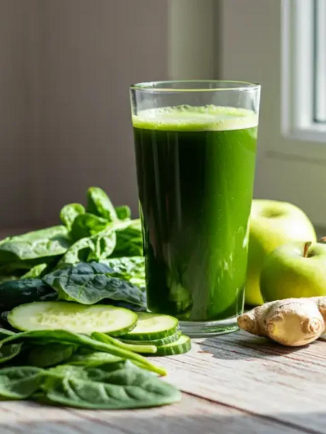Fresh Start Green Elixir : A bright green juice in a glass, garnished with a slice of lime and fresh spinach leaves, radiating health and vitality.