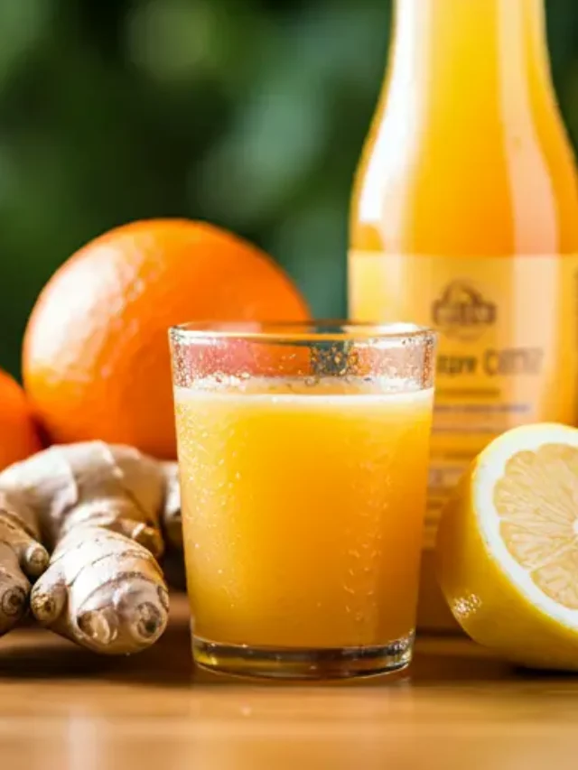 A small glass of Ginger Citrus Glow Shot, featuring a vibrant golden hue, garnished with a slice of lemon and a pinch of chili powder.