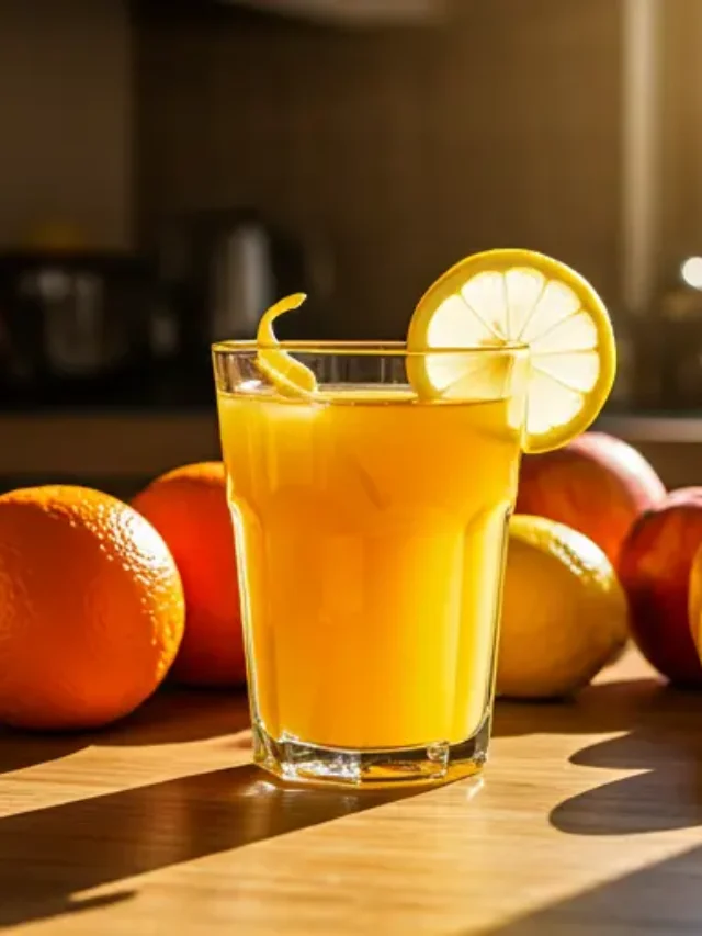 Golden Citrus Delight : A golden-yellow juice in a glass, garnished with an orange slice and a sprig of rosemary, radiating a warm and citrusy glow.