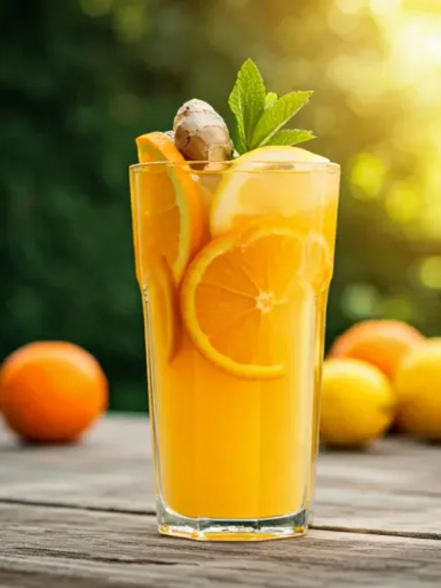 A vibrant glass of Golden Glow Juice, with a radiant golden-yellow hue, garnished with a slice of orange and a dusting of turmeric powder.