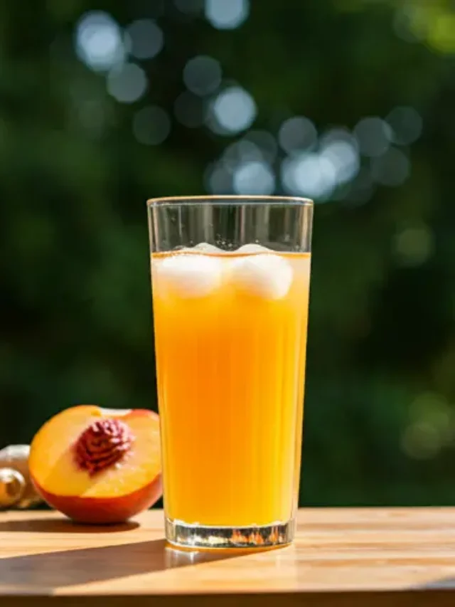 A luminous glass of Golden Peach Sunrise Juice, featuring a warm peach-orange gradient, garnished with a fresh peach slice and a mint sprig.