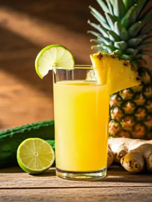 A tropical glass of Golden Pineapple Dream, radiating a bright golden hue, garnished with a pineapple wedge and a sprinkle of shredded coconut.