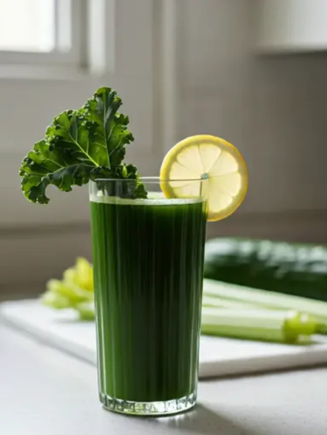 Green Glow Elixir : A vibrant green juice in a glass, garnished with a slice of kiwi and a sprig of mint, radiating freshness and vitality.