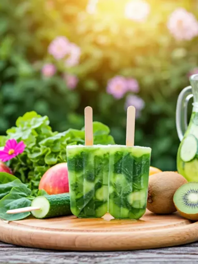 Green Juice Popsicles : Bright green popsicles on a wooden stick, served on a tray with fresh spinach and lime slices, radiating a refreshing and healthy vibe.