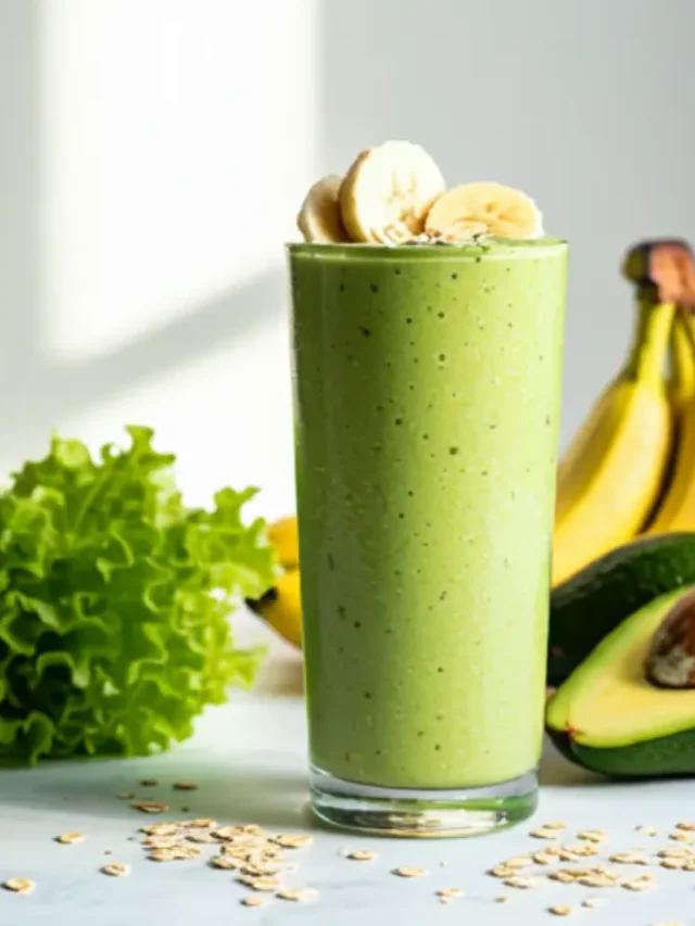 A creamy green smoothie in a glass, garnished with a lettuce leaf, avocado slice, and a sprinkle of oats, exuding freshness and vitality. Lettuce Avocado Banana & Oats