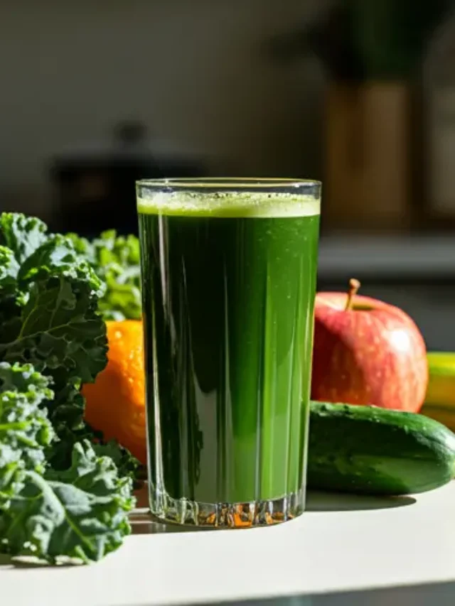 A glass of Kale-Cium Power Juice, with a rich green hue, garnished with a kale leaf and a slice of lime.