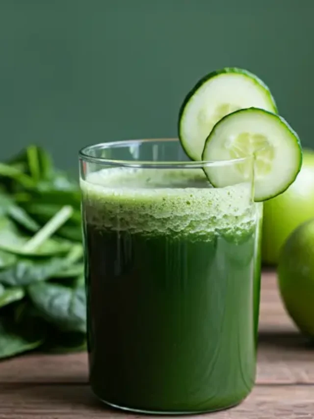 Mean Green Juice : A vibrant green juice in a glass, garnished with a celery stick and a slice of cucumber, showcasing freshness and vitality.