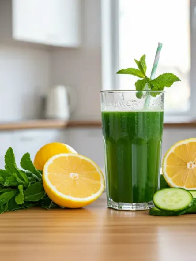 Minty Fresh Vitality : A refreshing green juice in a glass, garnished with fresh mint leaves and a slice of lime, exuding coolness and vitality.