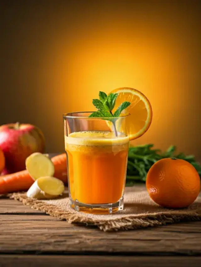 Morning Glory Juice a bright orange juice in a glass, garnished with a slice of orange and a sprig of mint, radiating fresh and vibrant morning energy.
