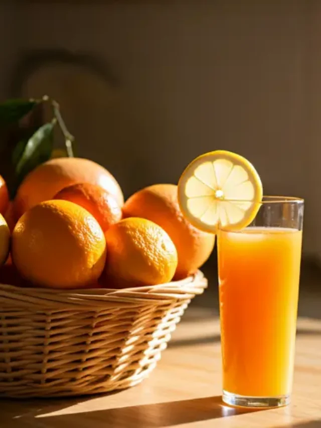 A bright glass of Morning Zest Refresher, featuring a golden-orange glow, garnished with a slice of lemon and a sprig of fresh mint.