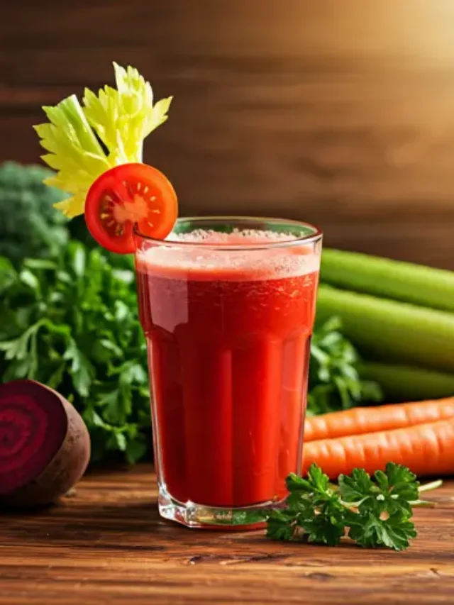 Original V-8 Delight The Garden in a Glass A rich red vegetable juice in a glass, garnished with a celery stick and a sprig of parsley, embodying garden-fresh flavors.