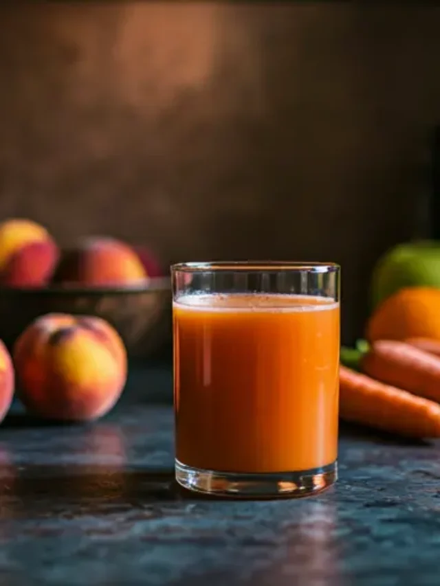 A radiant Peach Glow Elixir in a glass, garnished with a fresh peach slice and a sprig of mint, glowing with natural freshness.