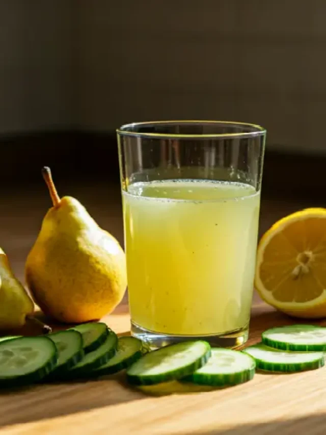 A refreshing glass of Pear-Cucumber Zest Elixir, featuring a pale green hue, garnished with a thin slice of cucumber and a wedge of fresh pear.