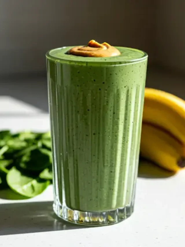 Popeyes Ultimate Power Blend : A rich green smoothie in a glass, garnished with a spinach leaf and chia seeds, exuding strength and vitality.