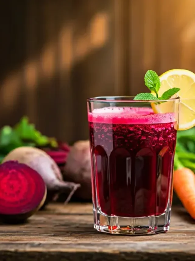 Radiant Red Rejuvenation A vibrant red juice in a glass, garnished with a sprig of mint and pomegranate seeds, radiating energy and freshness.