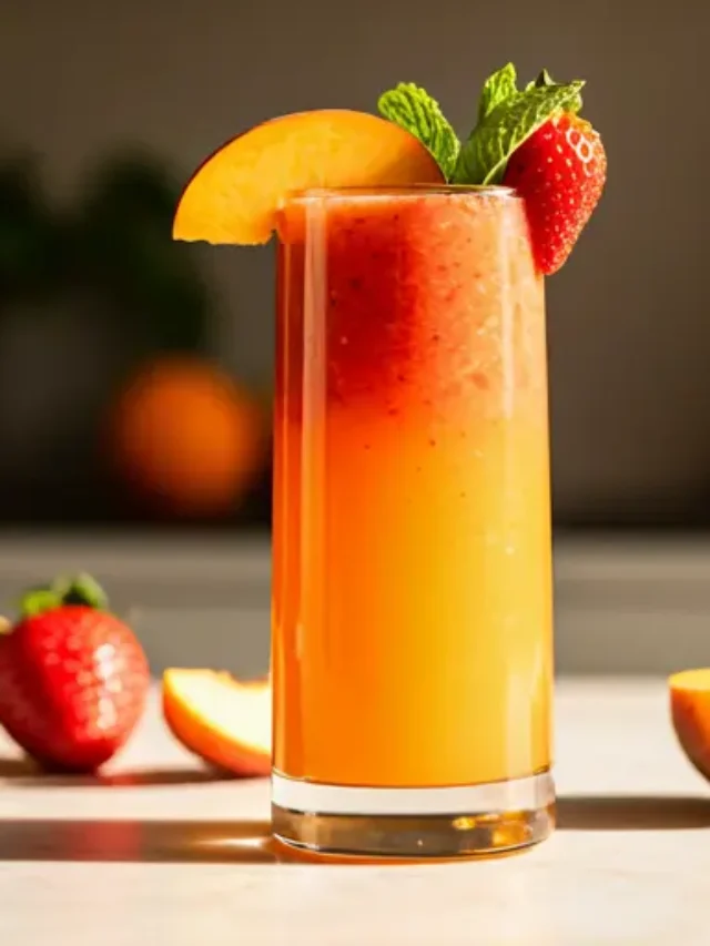 Radiant Sunset Elixir : A stunning orange and pink gradient juice in a glass, garnished with an orange slice and a sprig of mint, capturing the essence of a vibrant sunset.