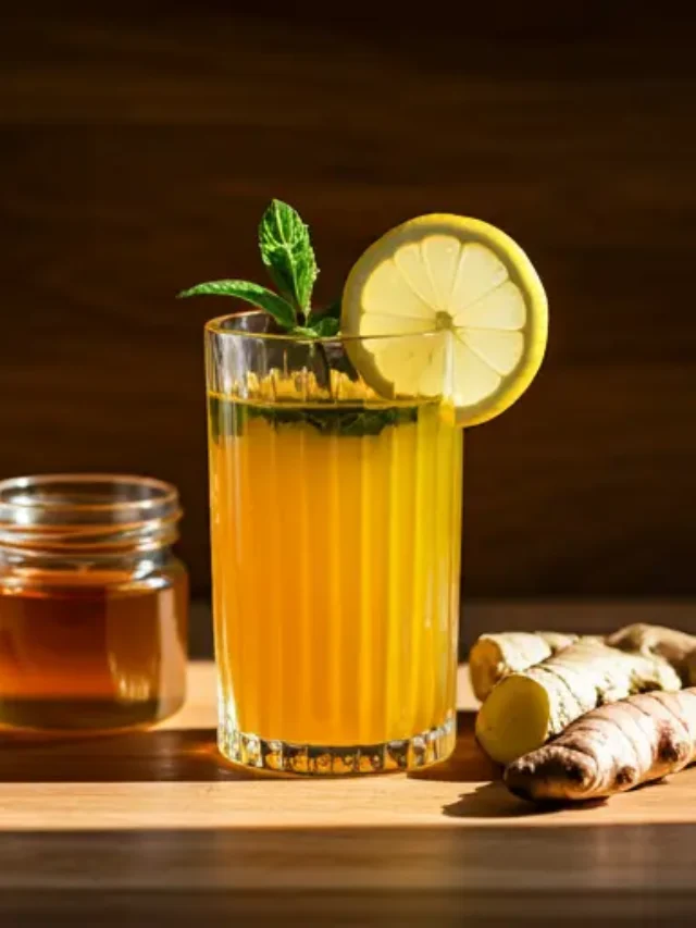 Radiant Turmeric Tonic : A glowing golden turmeric tonic in a glass, garnished with a slice of lemon and a sprinkle of turmeric powder, exuding warmth and vitality.